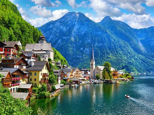 Scenic Hallstatt Austria village and lake